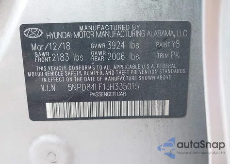 2018 Hyundai Elantra Sel z USA, uszkodzony, nr VIN 5NPD84LF1JH335015